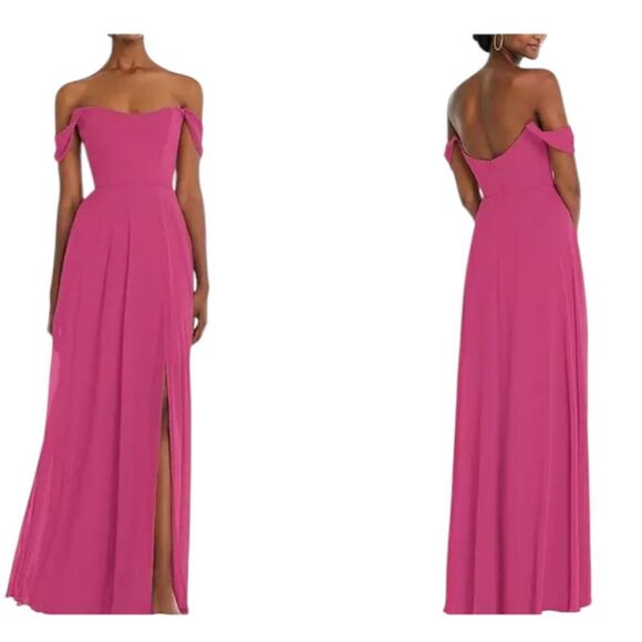 NWT After Six Off-the-Shoulder Maxi Dress Fushia Basque Neck Flounce Sleeves 12 - Picture 1 of 14